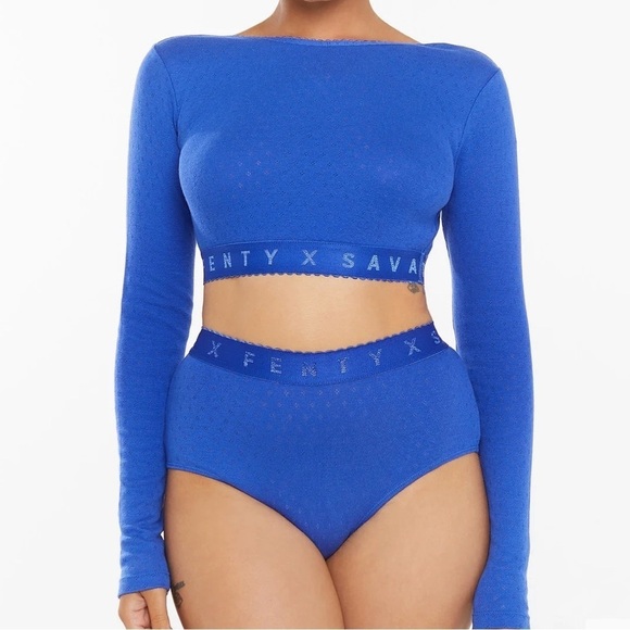 SAVAGE x Fenty NWT Jersey Knit Pointelle Long Sleeve Crop Top Blue Size XS - Picture 12 of 12